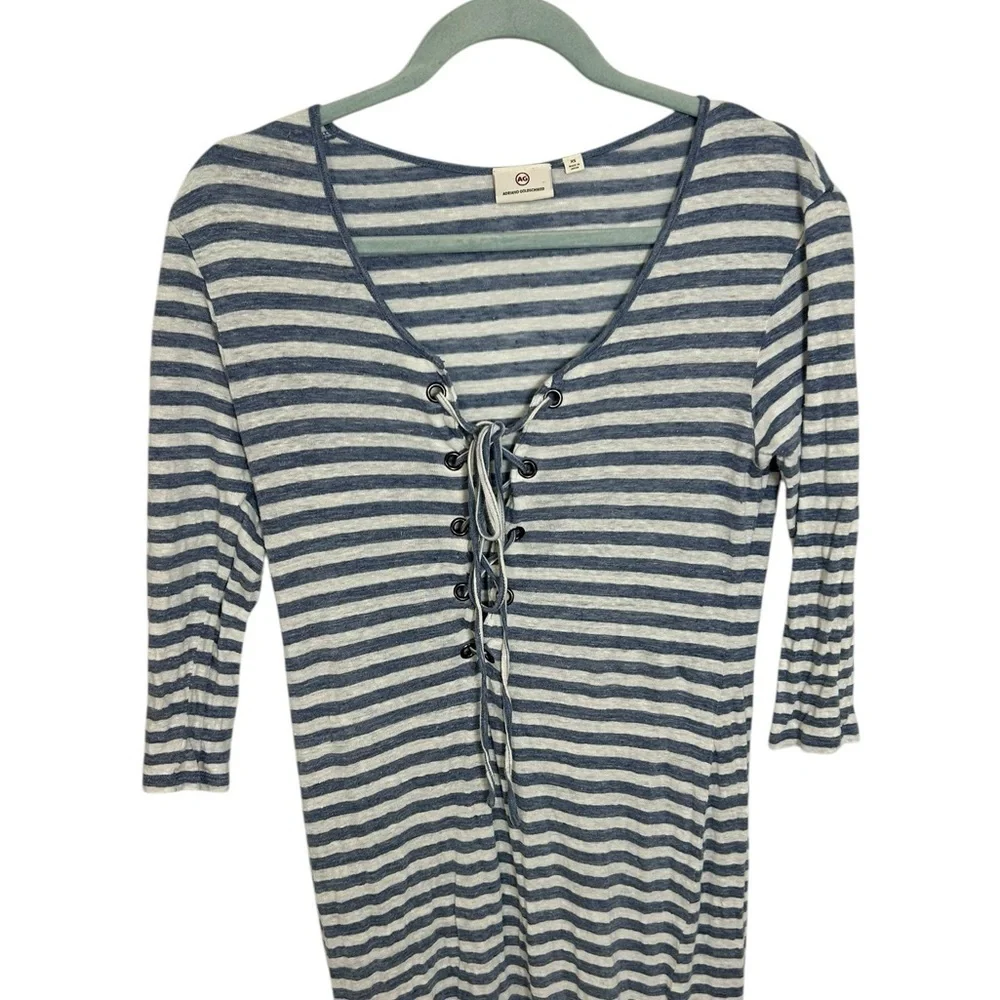 Ag Adriano Goldschmied Linen Blue Striped Lace Up Claude Maxi Dress Size XS - Picture 5 of 15